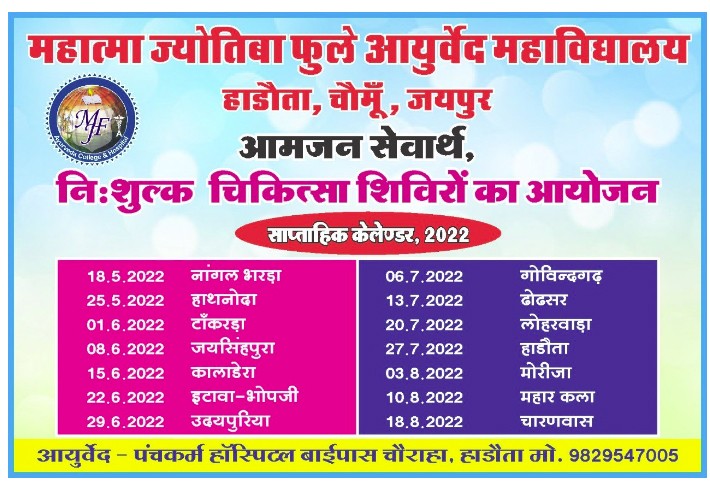 Weekly Free Medical Camp Calendar